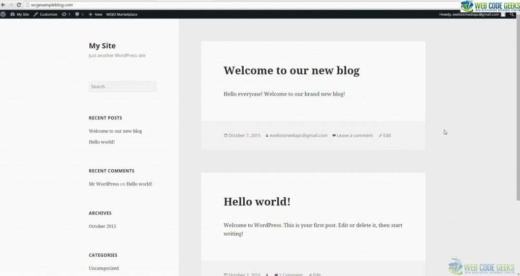 Blog with WordPress - Sample of first post
