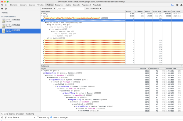 Heap dump comparison showing a leak