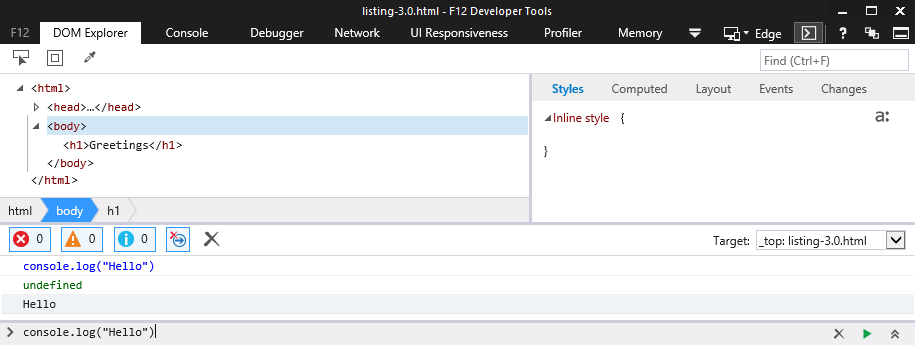 Figure 3 F12 developer tools (toggled by pressing F12) are available in Internet Explorer and Edge