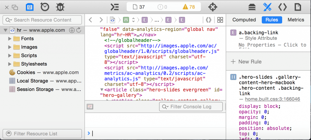 Figure 4 WebKit Inspector, available in Safari