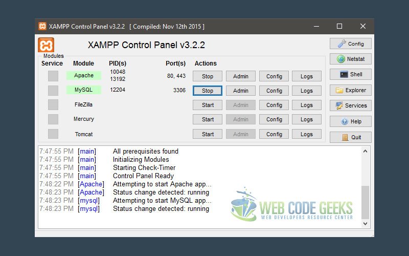 XAMPP window after a successful installation with Apache and MySQL enabled