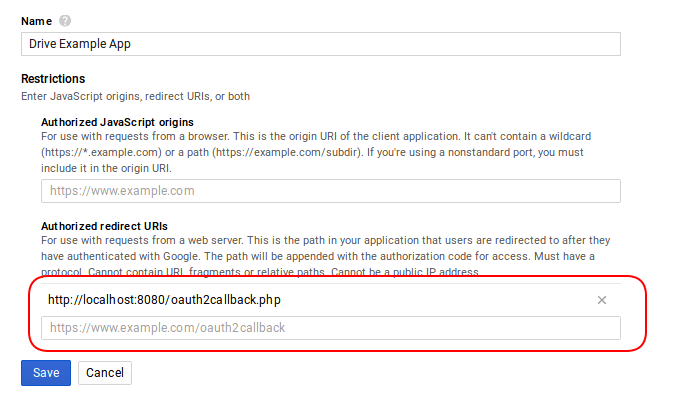 google drive client Credentials Configuration: Redirect URIs