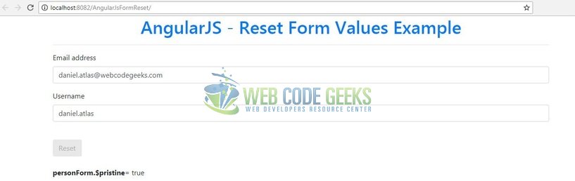 AngularJS Reset Form Fields - Application Output