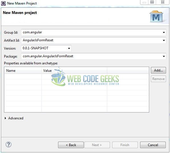 AngularJS Reset Form Fields - Archetype Parameters