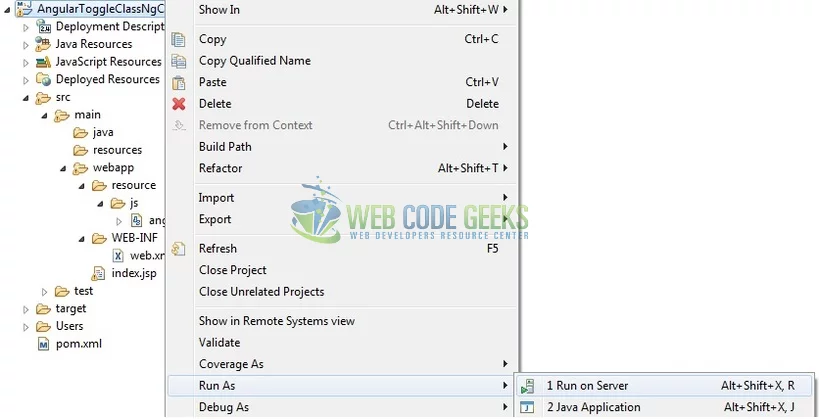 AngularJS Toggle Class using ng-class - Deploy Application on Tomcat
