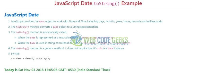 JavaScript Date toString() - Index page