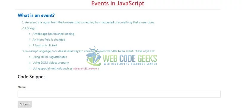 JavaScript Events - Index page
