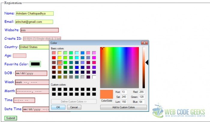 HTML5 Form Validation Color Picker 