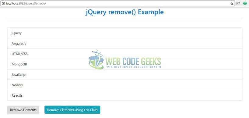 jQuery remove() - Output page