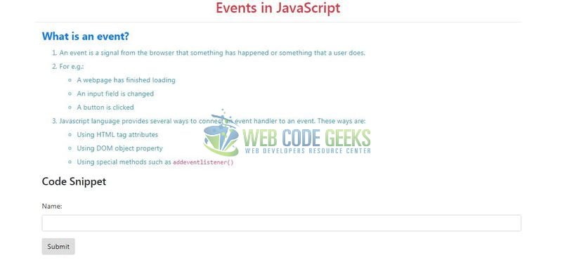JavaScript Events - Index page