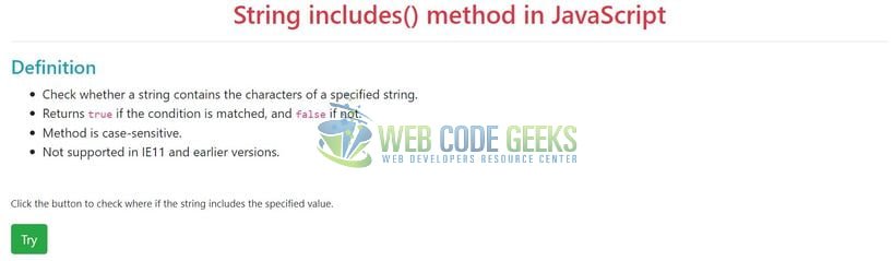 JavaScript String includes() - Index page