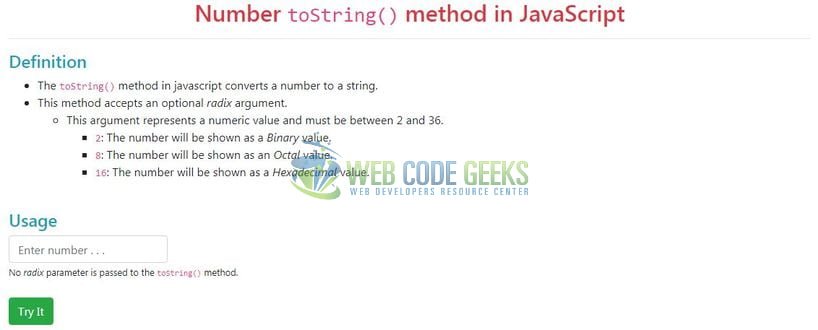JavaScript Number toString() - Index page