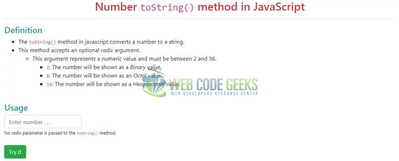 JavaScript Number toString() - Index page