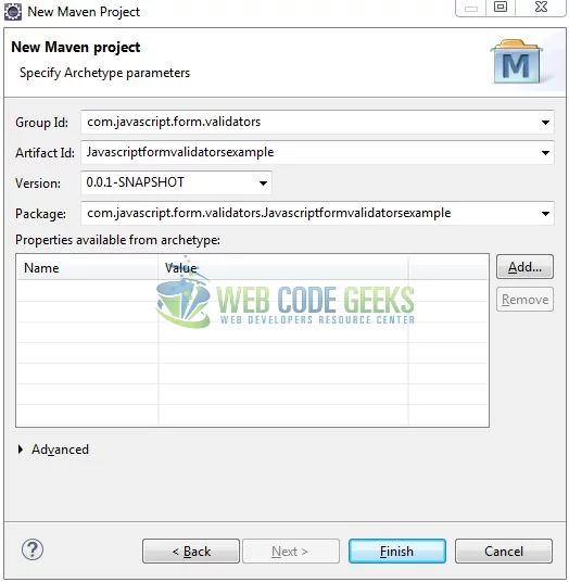 JavaScript Validator - Archetype Parameters